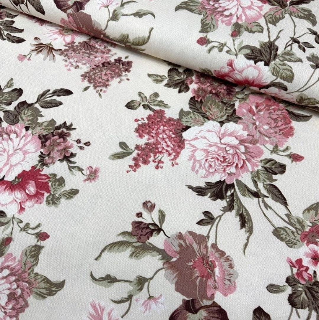 Pink Floral Upholstery Fabric, Rose Cotton Fabric, Flower Print Fabric ...