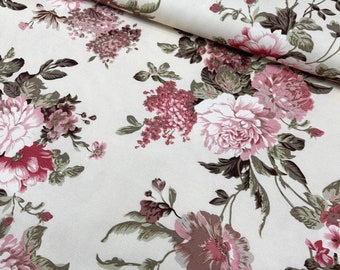 Pink Floral Upholstery Fabric, Rose Cotton Fabric, Flower Print Fabric, Shabby Chic Country Cottage Farmhouse Curtain Home Decor Fabric Yard