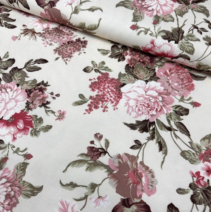 Pink Floral Upholstery Fabric, Rose Cotton Fabric, Flower Print Fabric ...