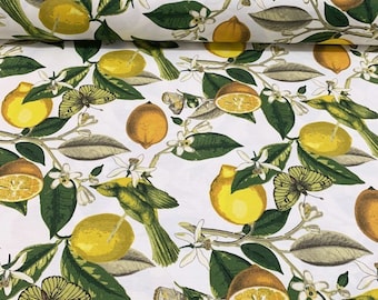Lemon Fabric, Fruit Fabric, Yellow Green Fabric, Lemon Tree Citrus Bird Print Butterfly Kitchen Curtain Upholstery Tablecloth Fabric Yard