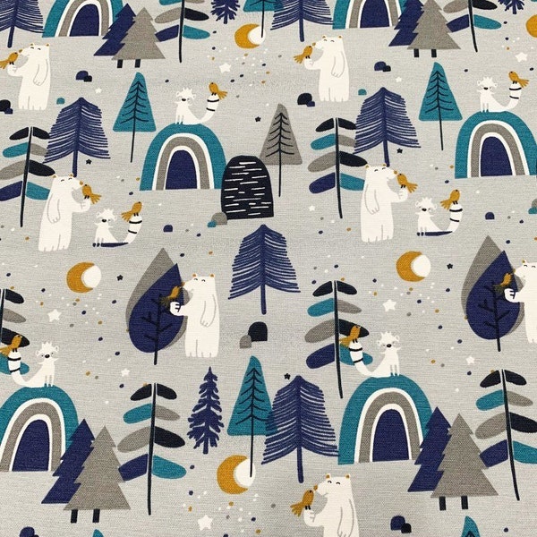 Woodland Forest Fabric, Polar Bear Fabric, Animal Print Fabric, Grey Blue Cotton Kids Children's Nursery Upholstery Room Decor Fabric Yard