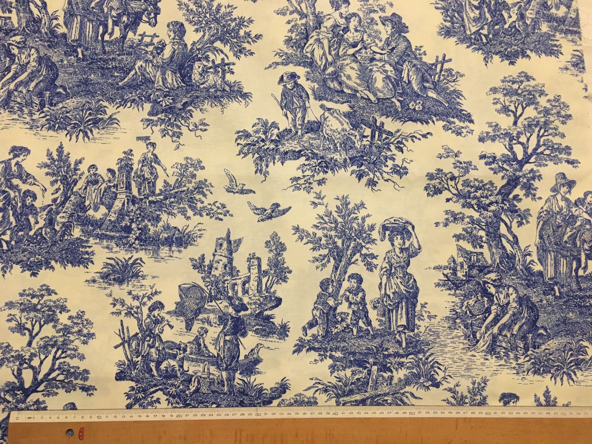 3.66 Yard Piece of EXCLUSIVE Premier Prints Colonial Toile Cotton Duck Blue  | Medium Weight Duck Fabric | Home Decor Fabric | 54 Wide