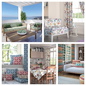 May include: A collage of images showcasing different home decor fabrics and patterns. The images feature a variety of furniture, including a sofa, armchair, dining table, and couch, all adorned with different fabrics. The fabrics feature a range of colours and patterns, including floral, geometric, and abstract designs.