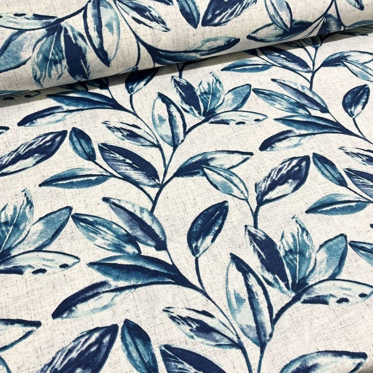 Blue Leaf Upholstery Fabric, Modern Boho Fabric, Linen Look Fabric, Cotton Duck Fabric, Canvas Curtain Cushion Furniture Outdoor Fabric Yard