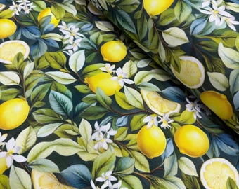 May include: Fabric with a botanical design featuring lemons, white flowers, and green leaves on a dark background. The lemons are yellow, and some are sliced, showing the fruit's interior. The leaves are various shades of green.