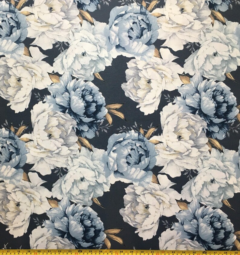 Large Rose Fabric, Blue White Floral Fabric, Big Flowers Fabric, Retro Country Cotton Canvas Curtain Cushion Upholstery Peony Fabric by Yard zdjęcie 5