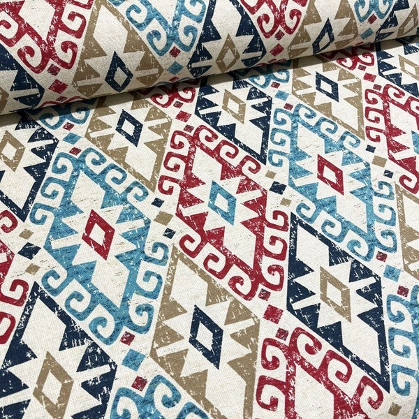 Kilim Fabric, Ethnic Upholstery Fabric, Turkish Fabric, Colorful Blue Red Beige Diamond Cotton Canvas Curtain Cushion Home Decor Fabric Yard