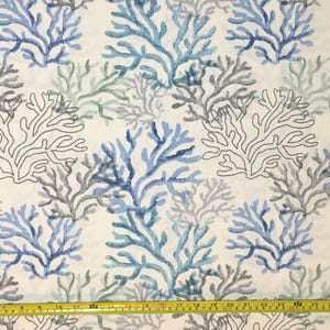 Blue Ocean Fabric, Coral Reef Fabric, Blue White Upholstery Nautical Print Seaweed Underwater Beach Cotton Canvas Outdoor Decor Fabric Yard image 2