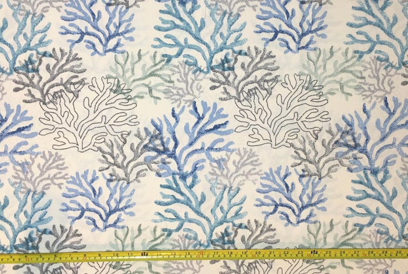 Blue Ocean Fabric, Coral Reef Fabric, Blue White Upholstery Nautical Print Seaweed Underwater Beach Cotton Canvas Outdoor Decor Fabric Yard image 2