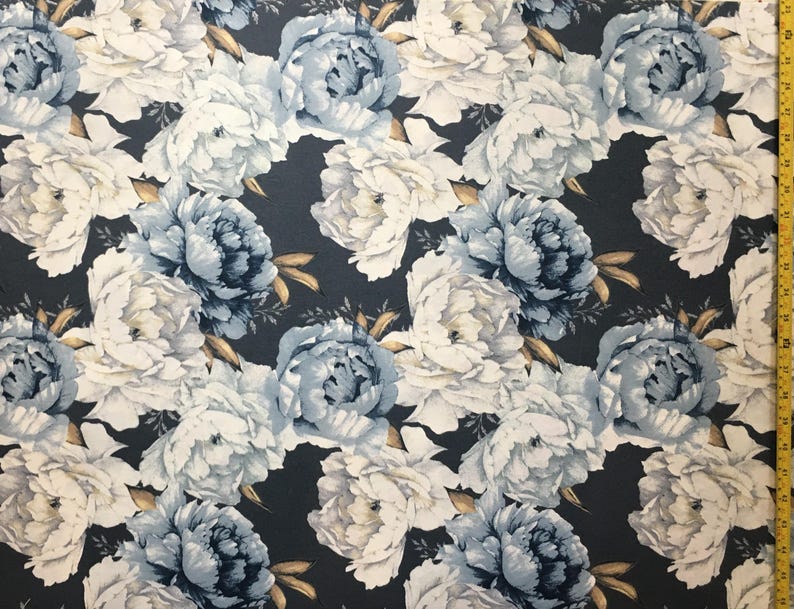 Large Rose Fabric, Blue White Floral Fabric, Big Flowers Fabric, Retro Country Cotton Canvas Curtain Cushion Upholstery Peony Fabric by Yard zdjęcie 6