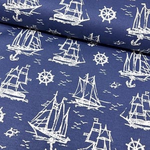 Nautical Upholstery Fabric, Sailboat Fabric, Indigo Blue Fabric, Navy Marine Boat Ocean Sea Maritime Cotton Canvas Home Decor Fabric Yard