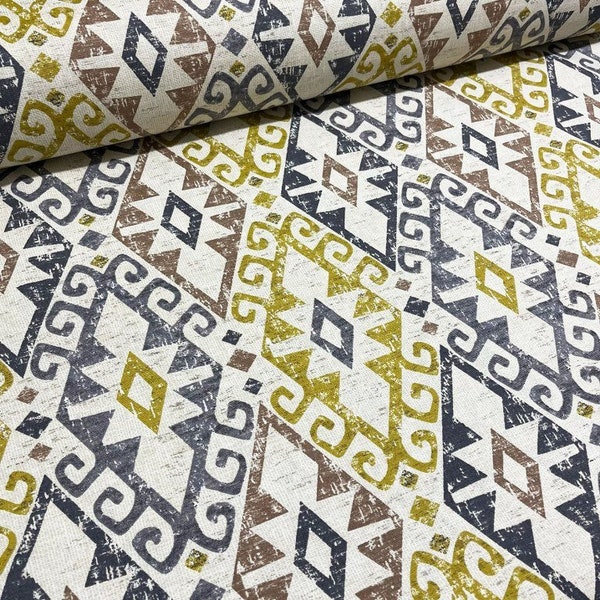 Geometric Upholstery Fabric, Yellow Gray Fabric, Southwestern Traditional Rustic Chair Sofa Pillow Bag Decorative Kilim Rug Ikat Fabric Yard