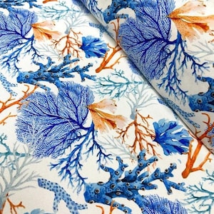 Blue Coral Fabric, Nautical Upholstery Fabric, Underwater Fabric, Blue Orange Reef Sea Life Ocean Coastal Curtain Cushion Sofa Fabric Yard