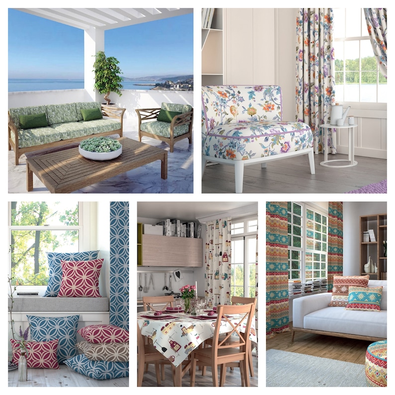 May include: A collage of images showcasing different home decor fabrics and patterns. The images feature a variety of furniture, including a sofa, armchair, and coffee table. The fabrics are in a variety of colors and patterns, including floral, geometric, and abstract.