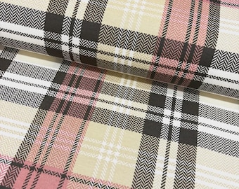 Pink Plaid Upholstery Fabric, Cream Black Scottish Tartan Classic Contemporary Check Curtain Cushion Chair Sofa Decor Outdoor Fabric by Yard