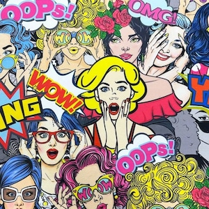 Pop Art Fabric, Comic Book Fabric, Girl Power Fabric, Pin Up Girls Retro Print Vintage Style Colorful Furniture Upholstery Decor Fabric Yard