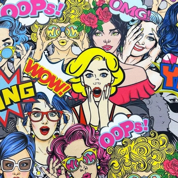 Pop Art Stoff, Comic-Stoff, Girl Power Stoff, Pin Up Girls Retro Print Vintage Stil Bunt Möbel Polster Dekor Stoff Hof