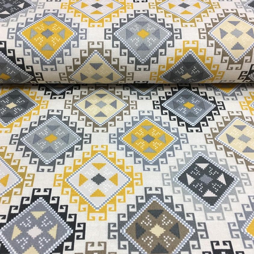 Ethnic Upholstery Fabric, Yellow Gray Fabric, Geometric Curtain