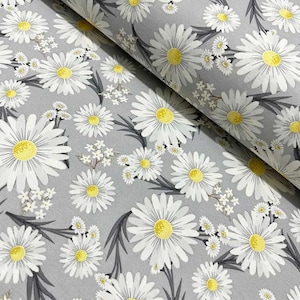 Gray Floral Fabric, Daisy Print Fabric, Boho Upholstery Fabric, Yellow White Retro Summer Cushion Chair Furniture Indoor Outdoor Fabric Yard