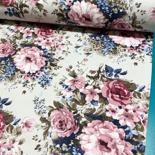 Roses Upholstery Fabric, Shabby Chic Fabric, Pink Floral Fabric, Country Cottage Large Cabbage Rose Cotton Canvas Decor Flower Fabric Yard