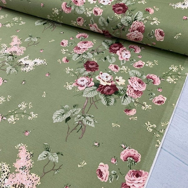 Rose Garden Fabric, Green Floral Fabric, Pink Flower Fabric, Shabby Chic Country Cottage Upholstery Curtain Chair Cushion Decor Fabric Yard