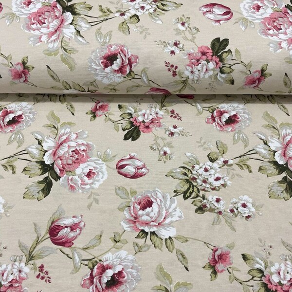 Roses Upholstery Fabric, Beige Floral Fabric, Pink White Flower Fabric, Shabby Chic Country Cotton Furniture Curtain Cushion Fabric by Yard