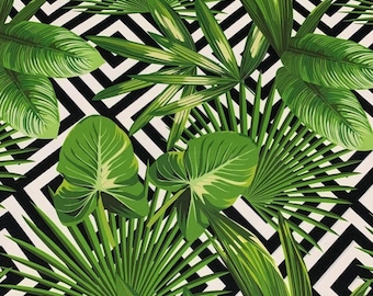 Tessuto stampato con foglie, tessuto per tappezzeria botanico, tessuto a rombi bianchi e neri, tessuto per tende da esterno tropicale, cuscino per sedia, arredamento per la casa