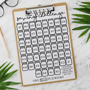 May include: A printable 52-week savings challenge chart with a jar design. Each week, color in the jar of the amount that you save. Save $1,378 in 52 weeks!