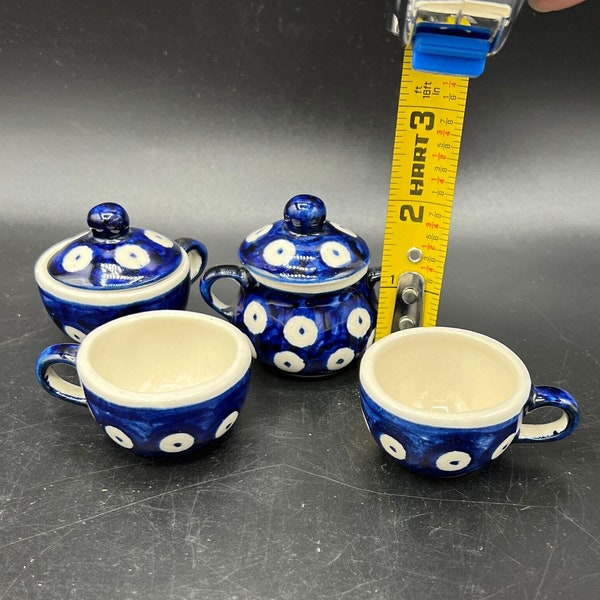 Vintage Polish Pottery Miniature Tea Cups and Covered Sugar Bowl Childs Blue and White Polka Dot Tea Cups Collector Gift Traditional Design