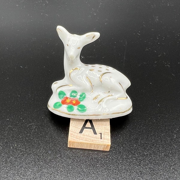 Vintage Miniature White Ceramic Deer Figurine with Floral & Gold Accents, 1960s Japan Doe Figurine, Hand Painted, Vtg Mini White Doe Figure