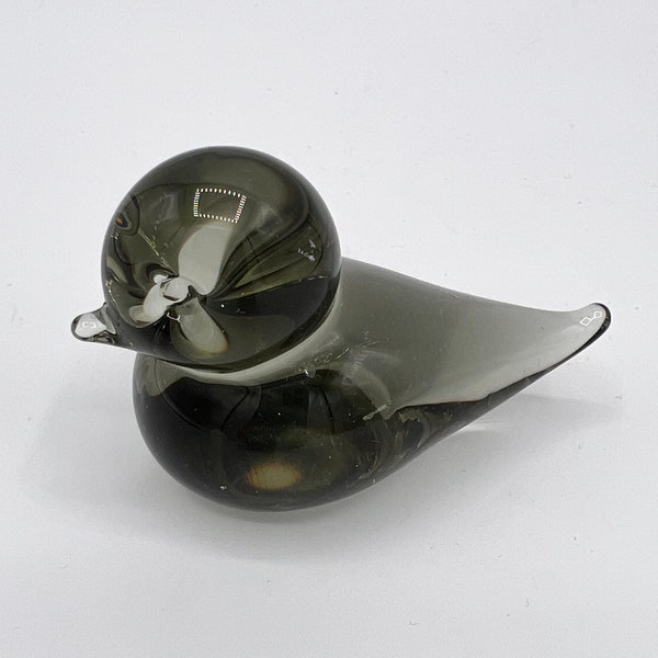 Vintage Swedish Art Glass Smokey-Gray Bird Paperweight by Reijmyre Glasbruk, Hand Blown, 2.5"w x 2"h