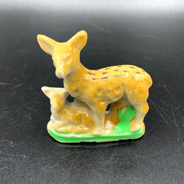1950s Vintage Miniature Doe and Fawn, 2.5-inch Figurine, Marked JAPAN