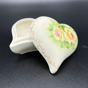Vintage Lefton? Bisque Heart Shaped Ring Box, Hand Painted Roses & Burnished Gold Accents, Cream Heart Trinket Box with Yellow Roses