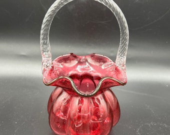 Vintage Fenton Cranberry Art Glass Basket  With Applied Twisted Handle