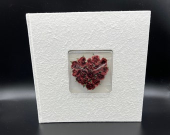 Vintage Wedding Album or Scrapbook, Handmade Paper Cover, 3-D Heart Window With Mini Roses, 8.75" Square, NOS, Vtg Wedding Album