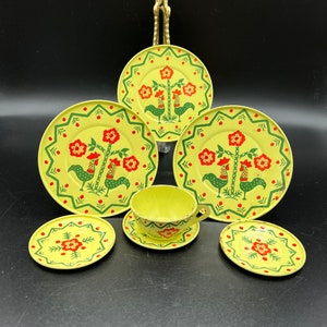 J Chein Vintage 1950s Child's Tin Rooster Partial Tea Set, 7 Pieces, Dutch Inspired Yellow, Red and Green Rooster Pattern, Vintage Tin Toy