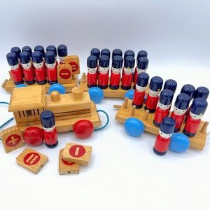 Vintage 1986 Wood Toy Train Set with Toy Soldiers