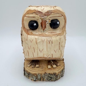 Wooden Owl Figure Original Owl Artwork Owl Collector Gift Birch Bark Owl OOAK Signed Owl Sculpture Hand-painted And Carved Owl Folk Art Owl