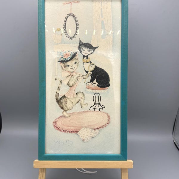 1950s Margery d'Arcy Cat Print, Mid-Century Modern Teal Wood Frame Wall Art