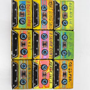 Handpainted Cassette Tape Wood Sculpture: Retro Pop Art Mix Tape immagine 3