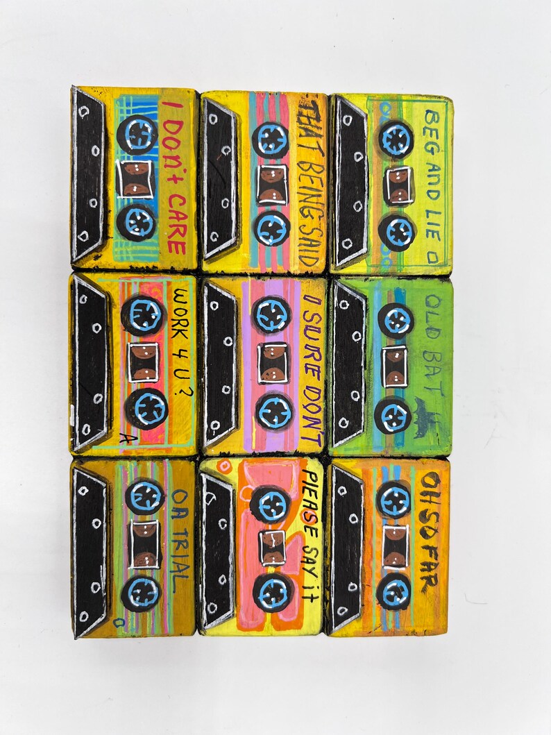 Handpainted Cassette Tape Wood Sculpture: Retro Pop Art Mix Tape immagine 3
