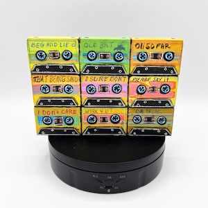 Handpainted Cassette Tape Wood Sculpture: Retro Pop Art Mix Tape immagine 1