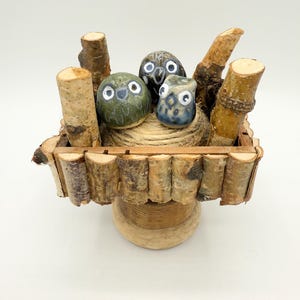 Original Owl Pottery Folk Art Owls with Wood Stand Hand Made Wood Owl House with Pottery Owls Collector Gift OOAK Signed Owl Sculpture