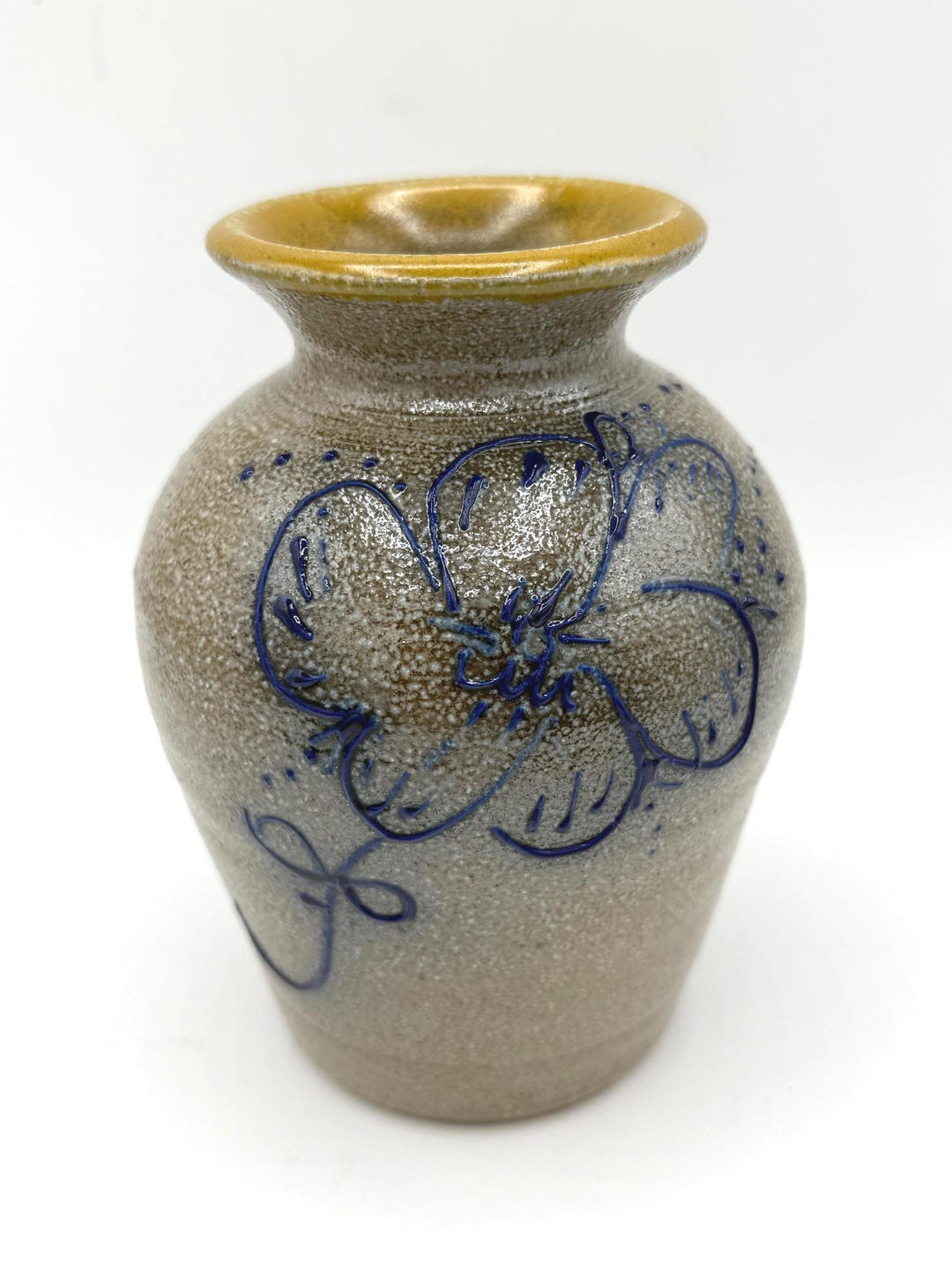 Vintage Salt Glaze Pottery Hand Thrown Vase With Blue Floral ...