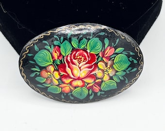Vintage Russian Hand Painted Wooden Brooch, Zhostovo Tole Painted