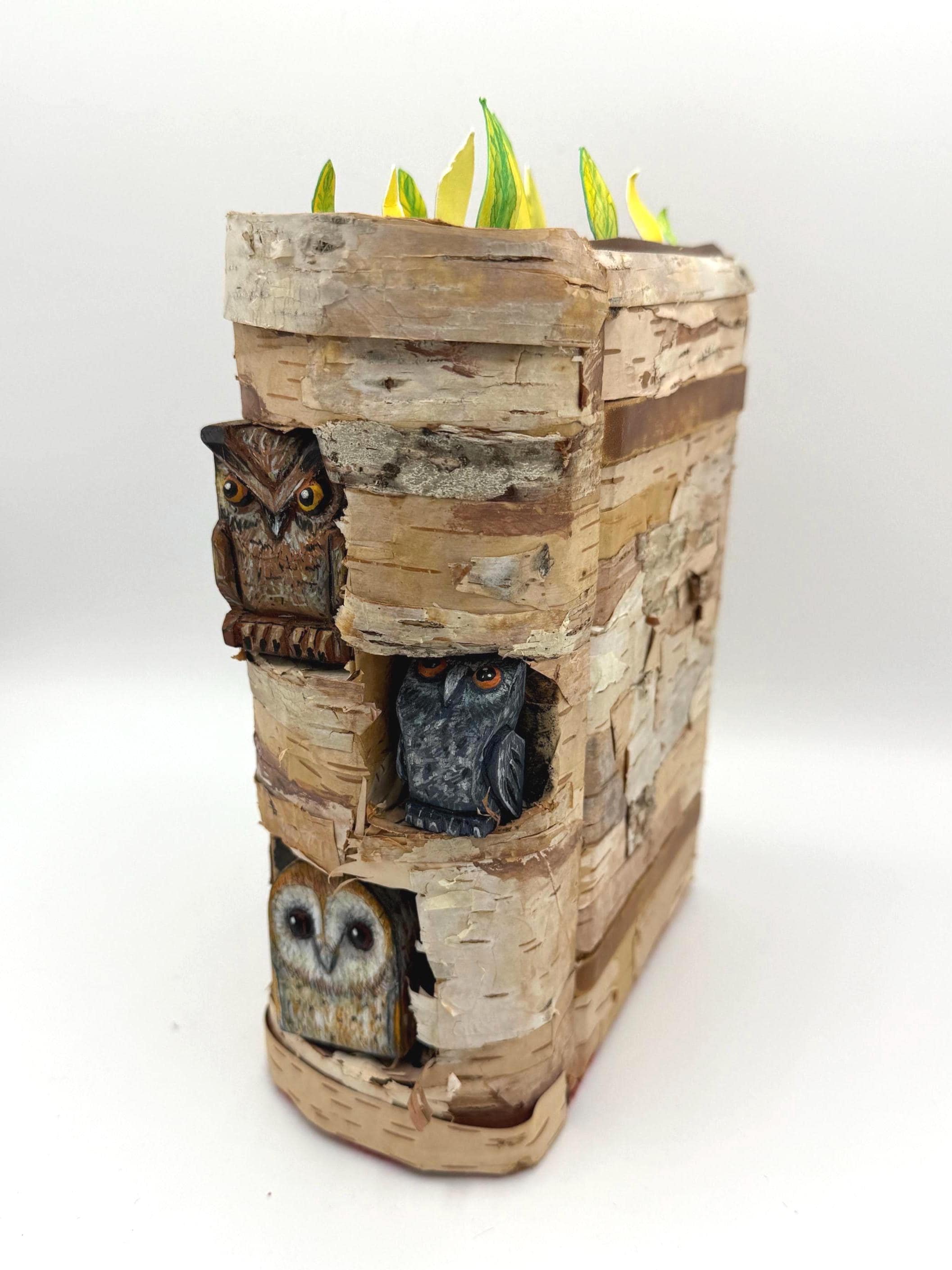 Owl Book Nook, Handmade & Sculpted Birch Bark Forest Decor, Woodland Accessory
