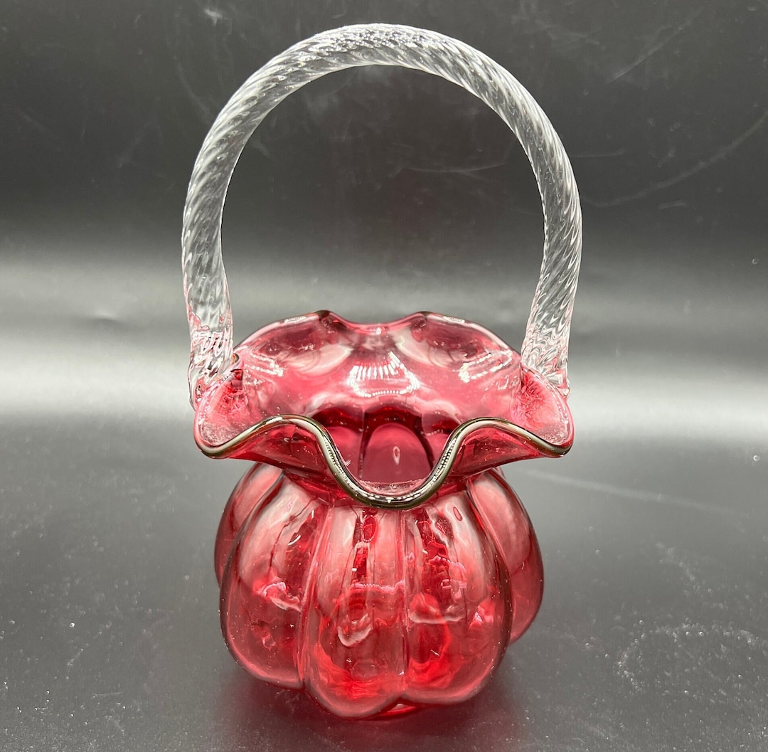 Vintage Fenton Cranberry Art Glass Basket With Applied Twisted