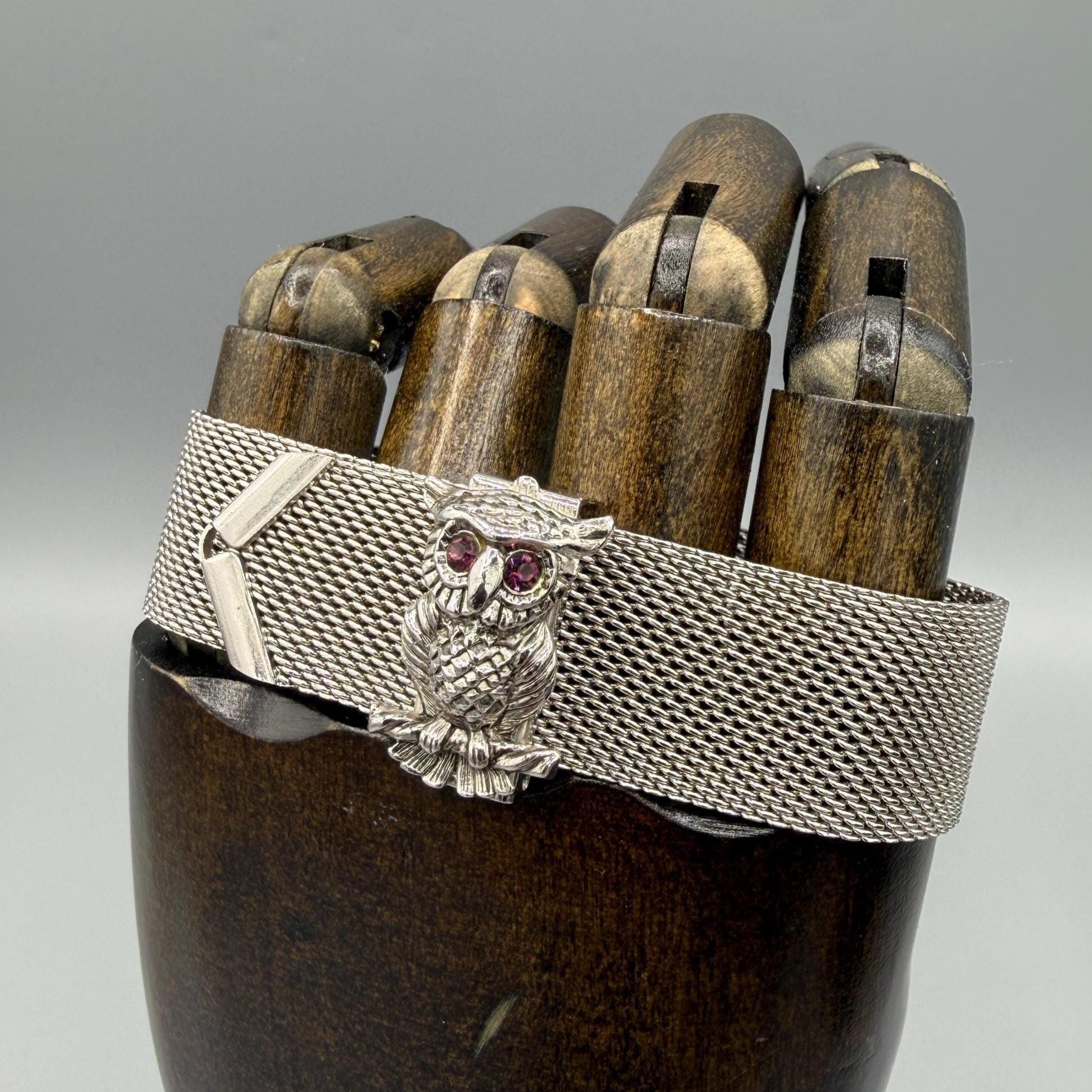 Vintage Sarah Coventry Nocturne Owl Mesh Bracelet, 1970s Costume Jewelry, Purple Rhinestones