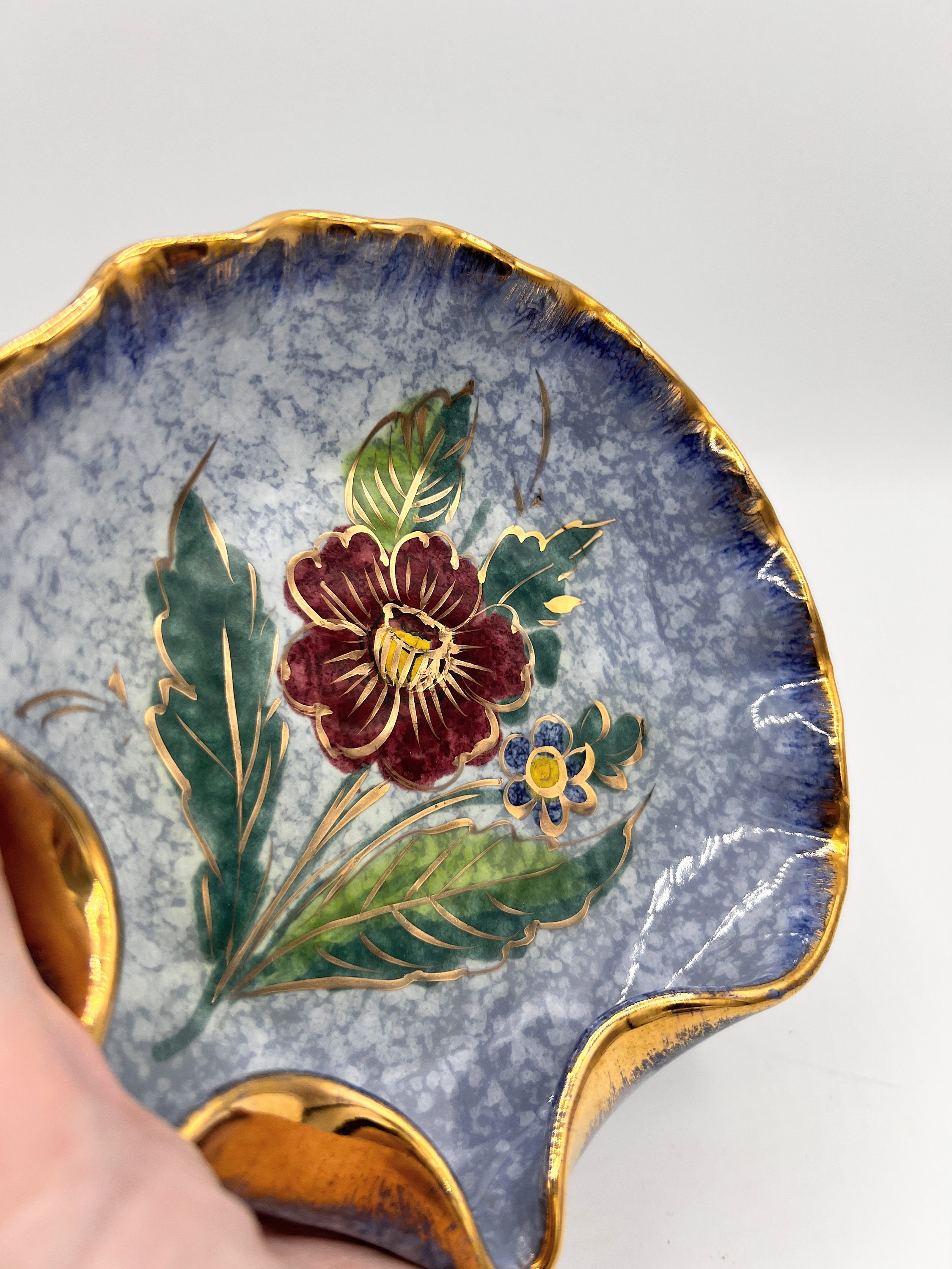 Vintage Italian Pottery Shell Dish: Handpainted Floral Trinket 