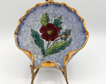 Vintage Italian Pottery Shell Dish: Handpainted Floral Trinket Dish, 1970s Decor